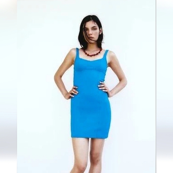 ZARA Corset Stitch Sleeveless Bodycon Mini Dress In Electric Blue. Size Medium - Picture 1 of 12